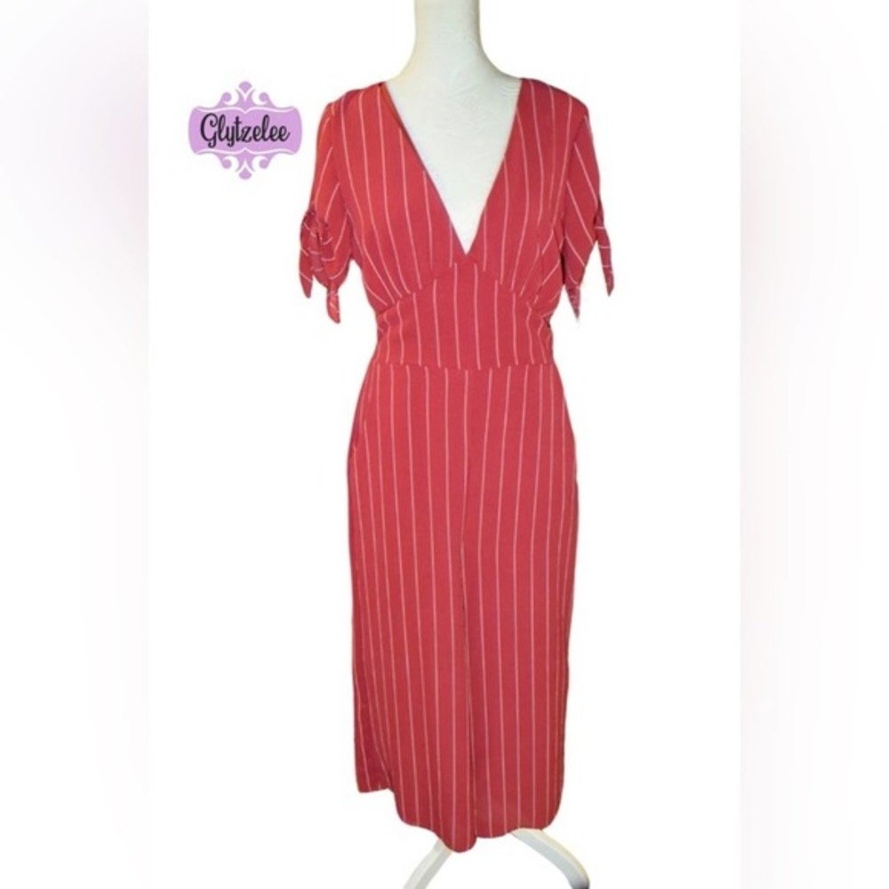 LULUS Rust Striped Wide-Leg‎ Tie Sleeve Romper Women’s Size M